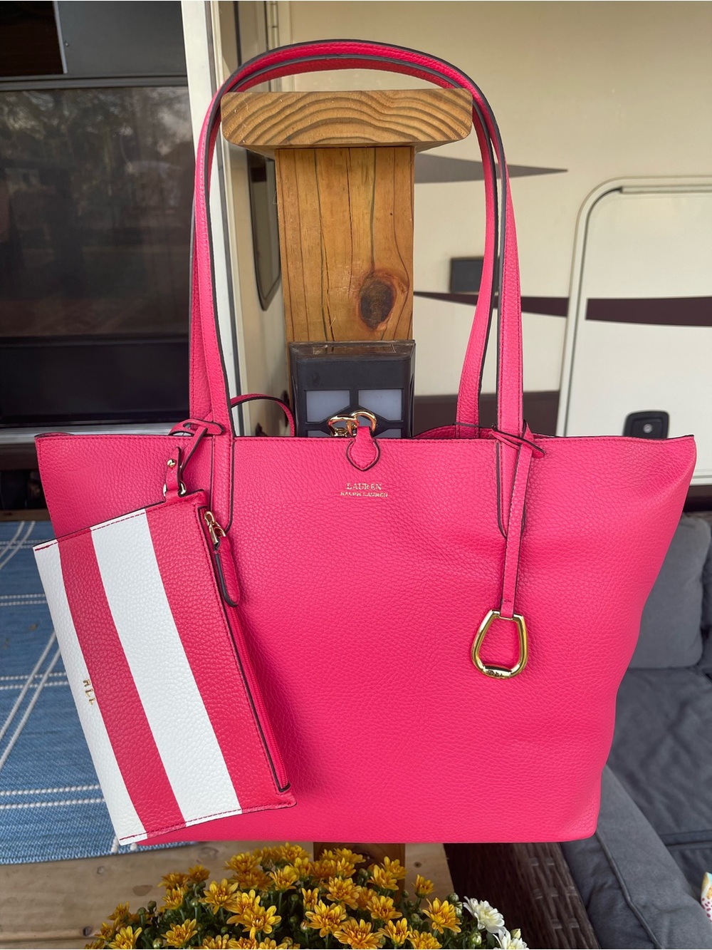 Lauren Ralph Lauren Reversible Pink/White Striped Large Tote w/ Pouch
